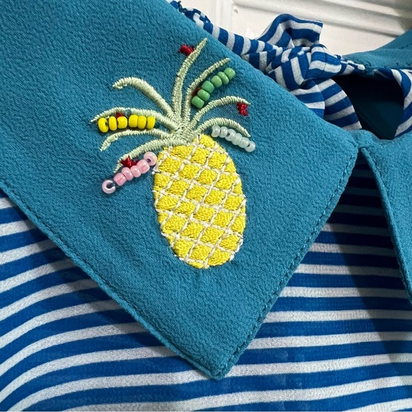 ModCloth Sheer Sleeveless Blue/White Stripe Blouse Pineapple Embroidery Size 1X - Picture 6 of 11
